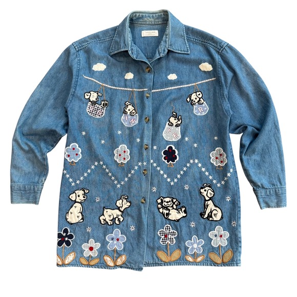 Connie Lusia Embroidered Denim Shirt Puppy Dog Applique Art to Wear Medium VTG - Picture 6 of 14